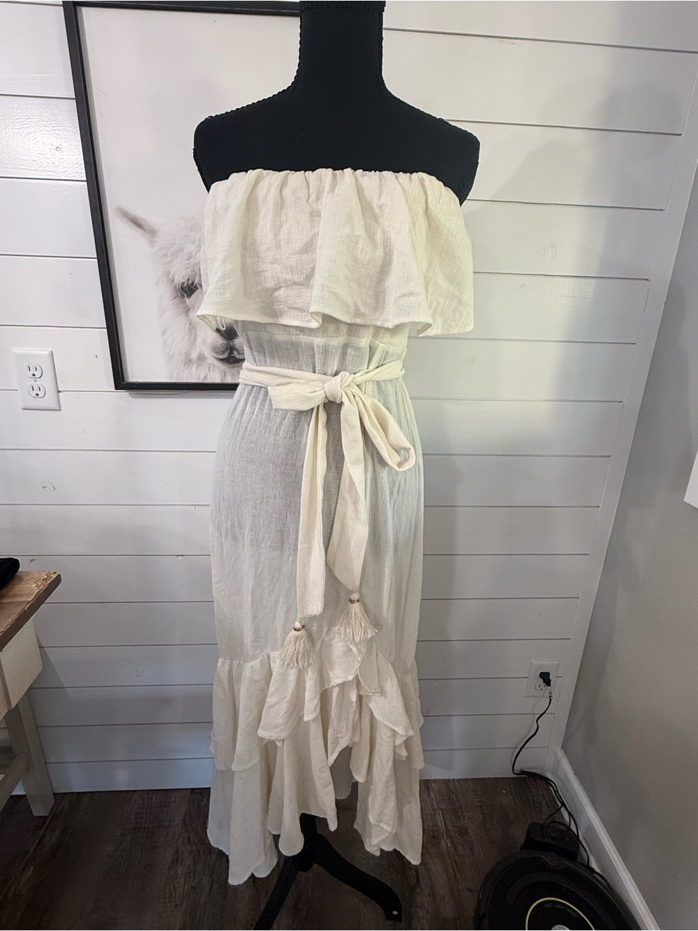 Free People Ivory Strapless Ruffle Boho Maxi Dress Tie Waist Linen Blend